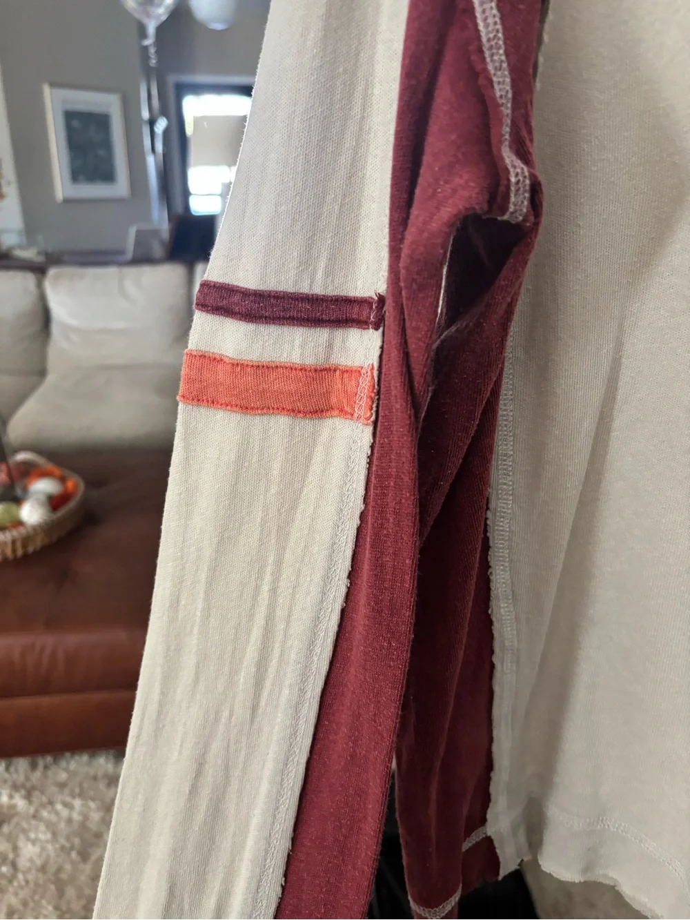 Free People Cream Sweater with Burgundy Panels and Coral Stripe